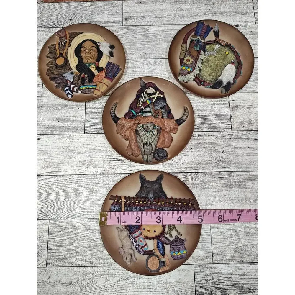 Embossed Cultural 3D Design Clay Plates Native American Indian Pottery Set of 4